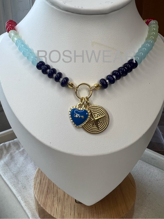 Mayamar Jewelry - Gold Charm Beaded Necklace with Blue Heart Pendant